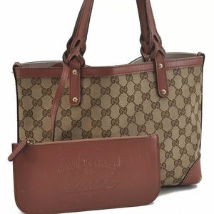 SALE!! Authentic Gucci Brown GG Shoulder Tote w/ Pouch Leather Canvas Bag Purse